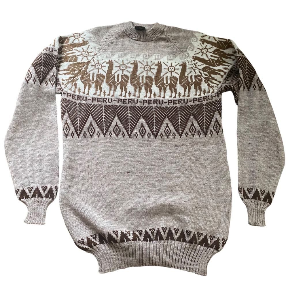 Artesanias Peru 100% Alpaca Wool Llama Sun Geometric Knit Sweater Mens XL Beige